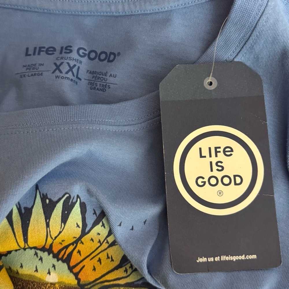 Life is Good Sunflower T Shirt Size XL Crusher Tee Long Sleeve Cotton Blue - Picture 6 of 7